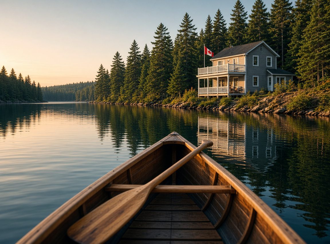 Canoe on a calm lake facing a two-storey cottage with a Canadian flag among pine trees