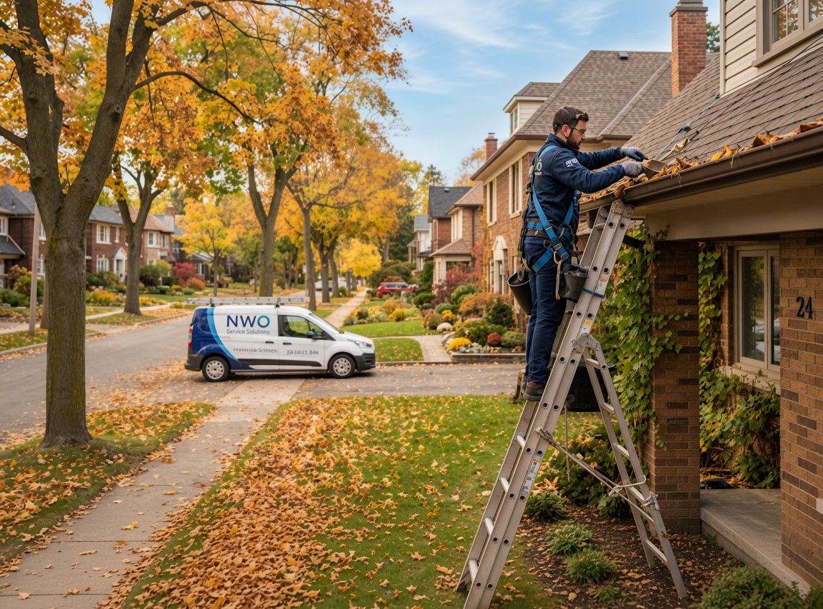 Worker on a ladder clearing leaves from an eavestrough while a service van waits on an autumn street