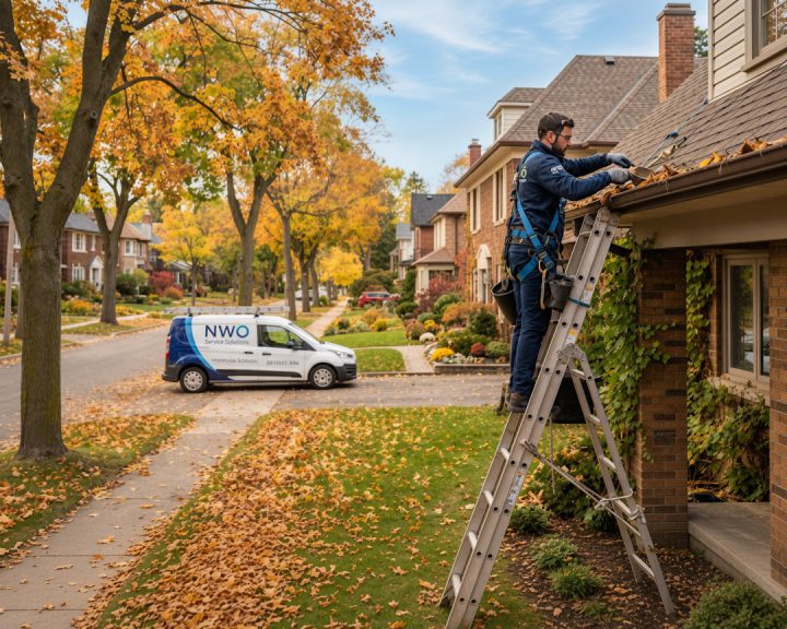 Worker on a ladder clearing leaves from an eavestrough while a service van waits on an autumn street