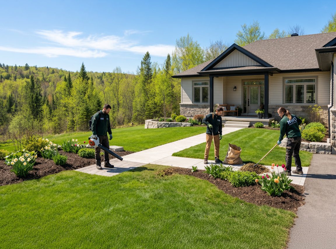 Crew in green uniforms doing a spring yard cleanup with a leaf blower and rake at a home