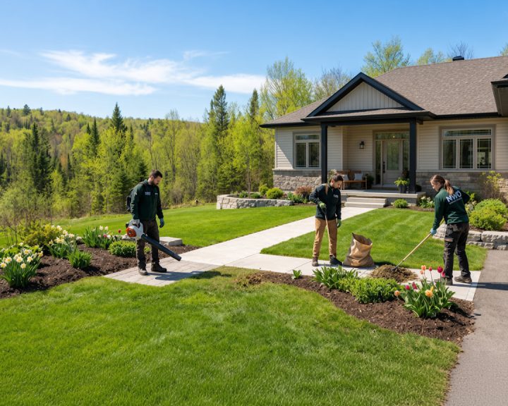 Crew in green uniforms doing a spring yard cleanup with a leaf blower and rake at a home