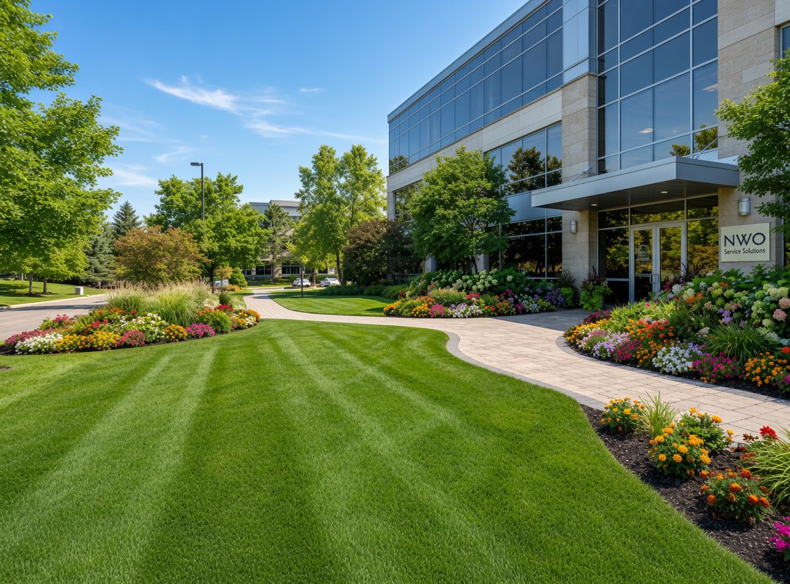 Freshly mowed striped lawn and flower beds outside a commercial office building