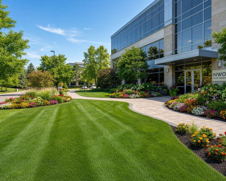 Freshly mowed striped lawn and flower beds outside a commercial office building