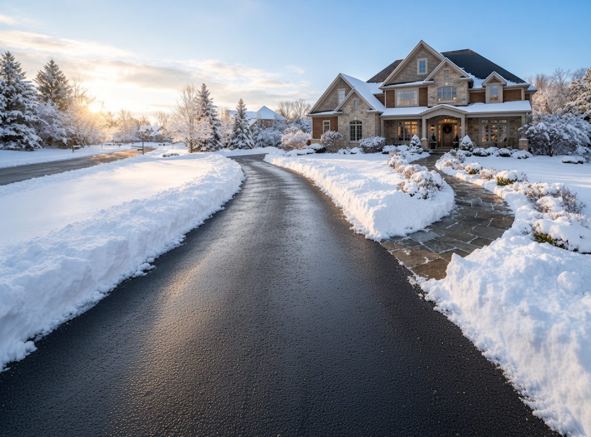 Cleared asphalt driveway between snowbanks leading to a stone house in winter