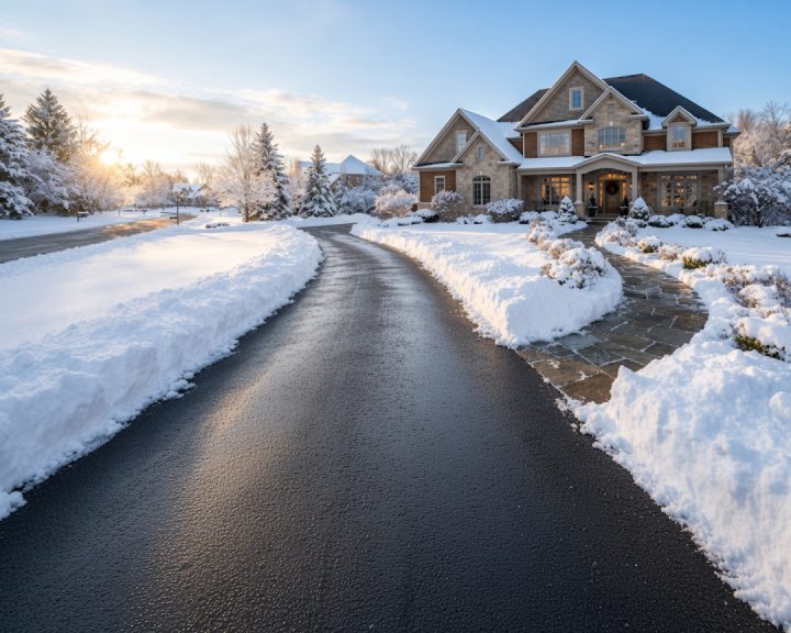 Cleared asphalt driveway between snowbanks leading to a stone house in winter