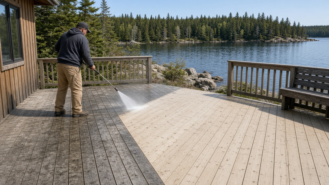Weathered cottage deck being pressure washed, half the boards already clean, beside a lake
